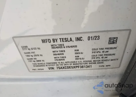 2023 Tesla Model X Dual Motor All-Wheel Drive/Standard Range z USA, uszkodzony, nr VIN 7SAXCDE5XPF381341